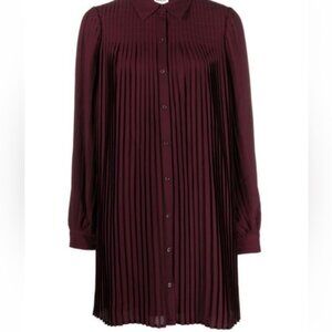 Pleated Long-Sleeve Shirt Dress - Burgundy